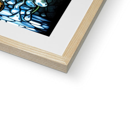 A picture of an art print on a large wooden frame with a blue background and black