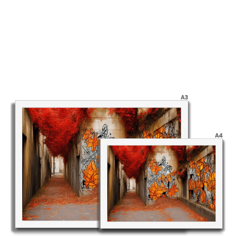 Three images of colorful graffiti on a wall hanging next to one other image.