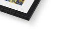 A framed picture of blue and gold artwork with a white background and white picture.