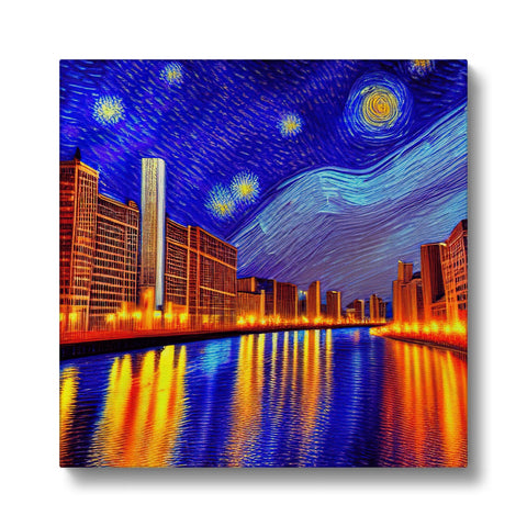 A colorful art print with a night sky that is showing a city skyline.