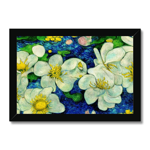 a painting with blue and yellow flowers in a blue and white frame