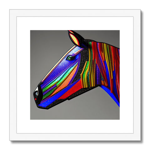 A horse with a large colorful rainbow painted on its coat stands galloping through the rain