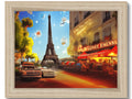 Art print on wood frame with picture of French architecture and flowers.