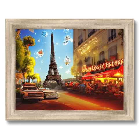Art print on wood frame with picture of French architecture and flowers.