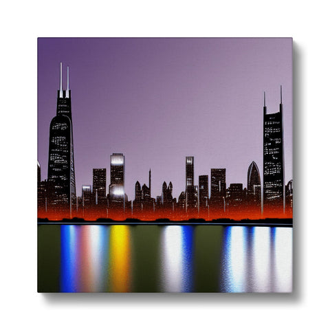 An art print of a skyline in bright sunlight above city skyline