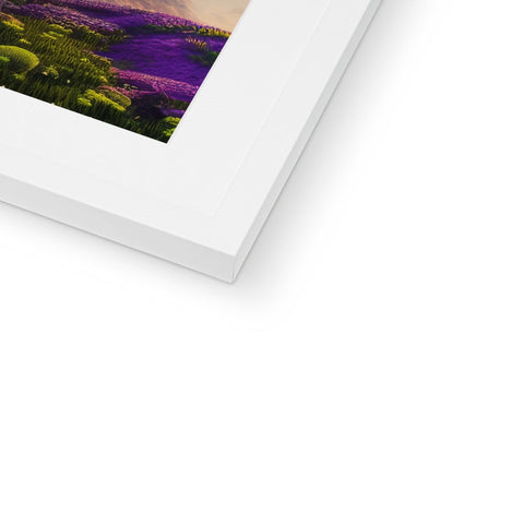 A picture frame holding a picture frame covered in print on a white background.