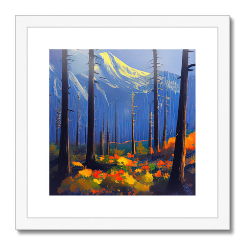 An art print in the redwoods looking over a green village.