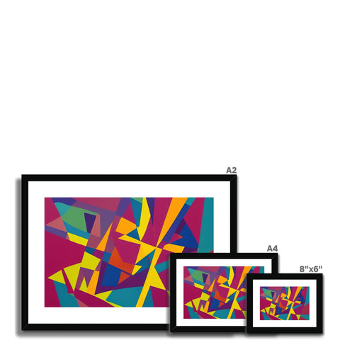 A picture frame in colorful art type prints sitting on a plate of different colors.