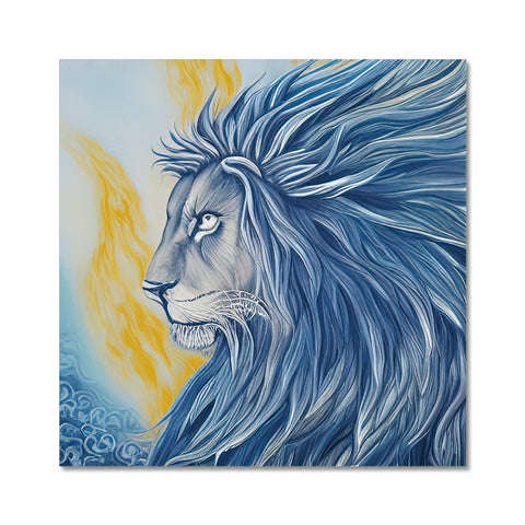 A lion standing in front of a blue fire surrounded with flames.