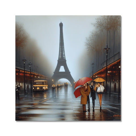 A painting of an eiffel tower on a rainy day.