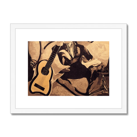 Art print photograph of an individual on a stage in a restaurant holding a guitar.