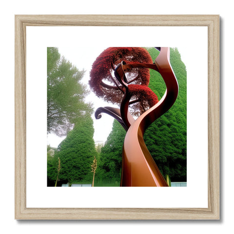 A sculpture sitting on of a porch on a brown wood frame with a red tree and