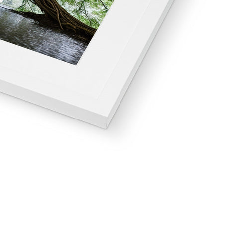 A picture frame with a man standing next to a tree next to water.