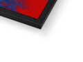 A picture frame with an abstract painting hanging in it on a wall in plain black frame