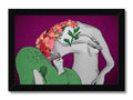 Two women are holding flowers by each other on the top of an art print.