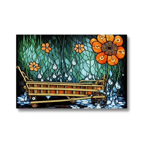 A trolley decorated in this art print has orange in the center of it.