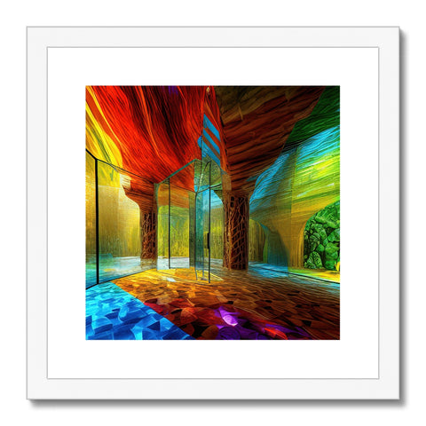 An oversized art print with a rainbow and green colors hanging in a room.