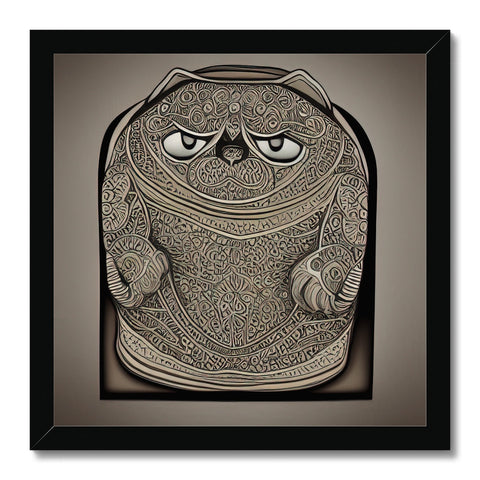 A gray and white owl statue on a wood block with light and dark shapes.