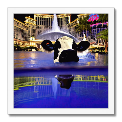 A cows statue sitting in water in Las Vegas.