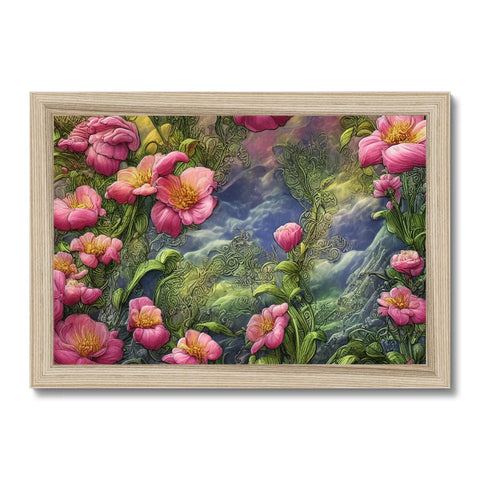 A photo of peach and water lilies hanging on a wooden frame