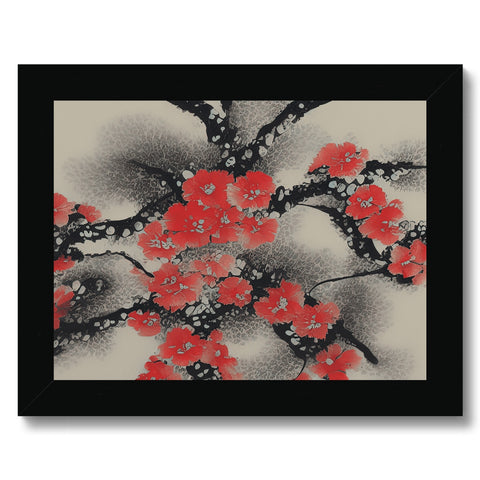 A black and white framed art print showing lots of colorful flowers.