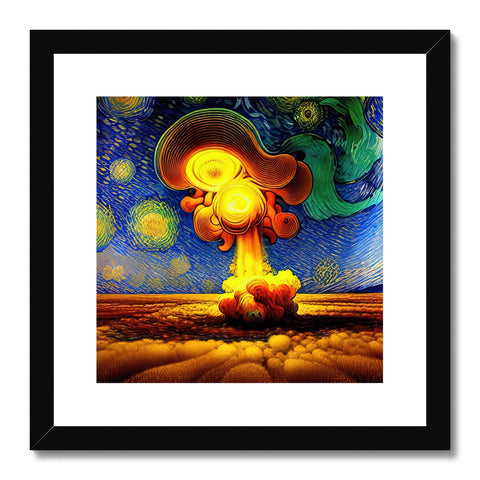 A green, colorful art print of mushrooms with a nuclear reactor being destroyed.