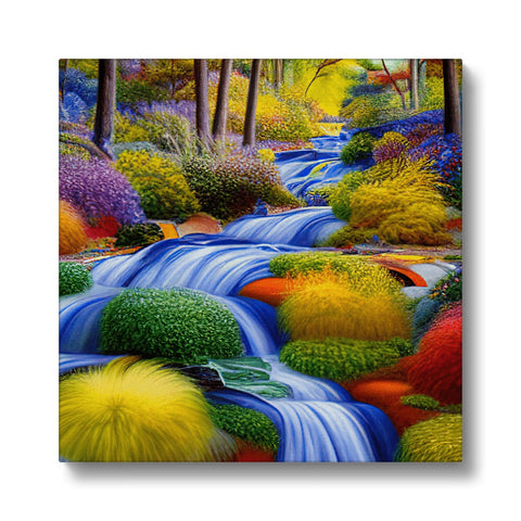 A picture with water flowing through a small stream next to an art print.