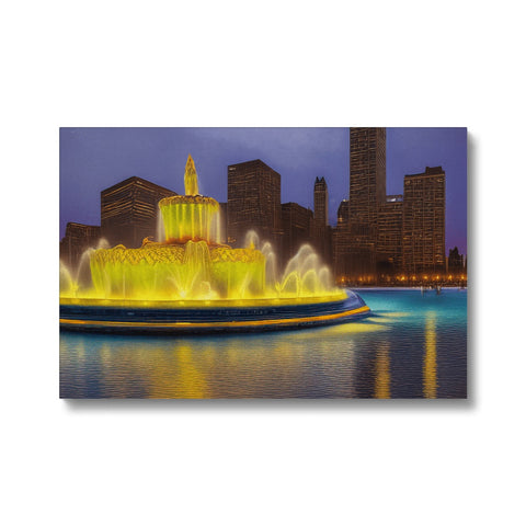 An art print of a city skyline covered in buildings next to a lake.