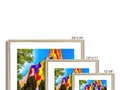 Multiple colorful images sitting on top of a wooden frame.