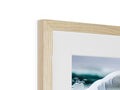 A framed photo of a white picture is sitting in a wooden frame.