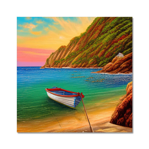 A colorful painting hangs on a beach with a sailboat sailing past a large group of