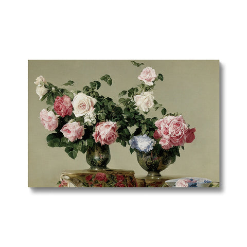 A vase has three pink roses filled with a white background.