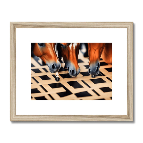 A wooden picture of horses in the rain.