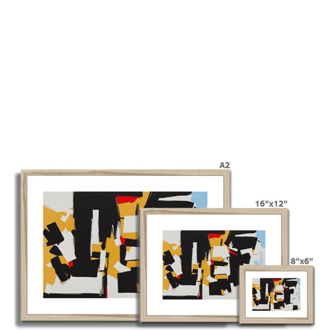 Several frames sitting on top of a large wall, each holding a pair of framed objects