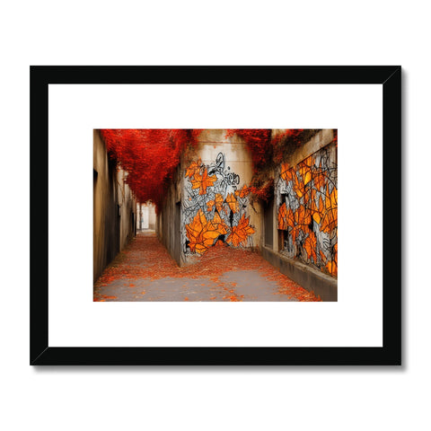 An alleyway with a wall covered in graffiti on a wooden wall with art print on