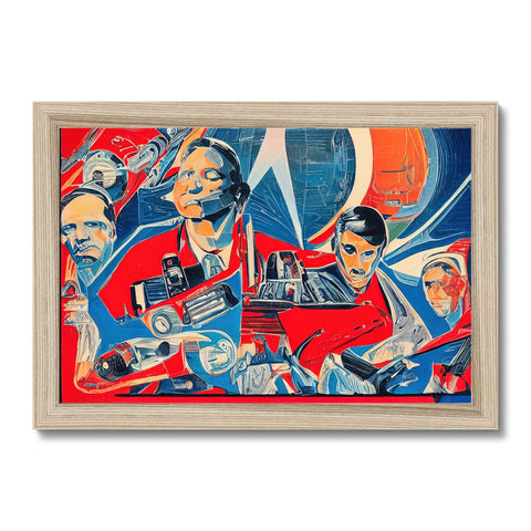 A framed art print showing the three jockeys racing and riding a motorcycle.