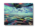 An abstract painting of birds swim through water with a big ocean and many flying in the