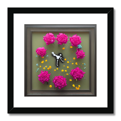 An art print on a clock set of paper hanging from a wall.