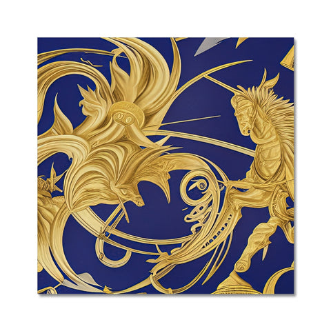 A gold tile design hanging in a small room with a small painting of a dragon on