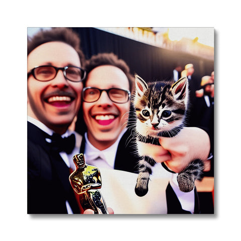 Two kittens sitting on a little plate in a picture frame of an Oscar award.