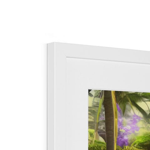 A tropical picture on a frame with plants and flowers with a flower on the bottom.