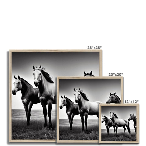 Many beautiful horses standing in a field on a black and white photo frame.