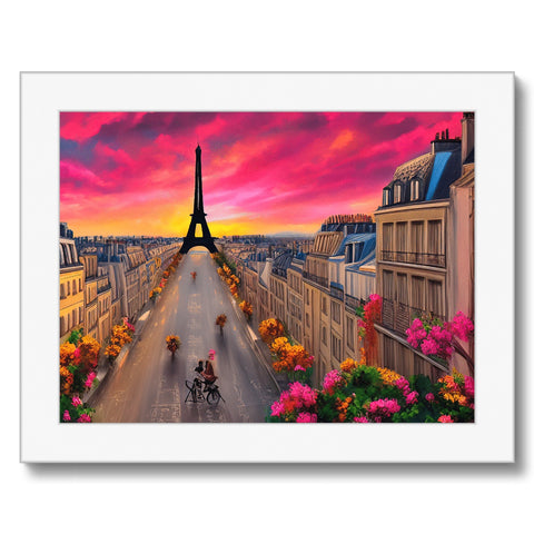 An art print of Paris with a city skyline on it, surrounded by buildings and shops