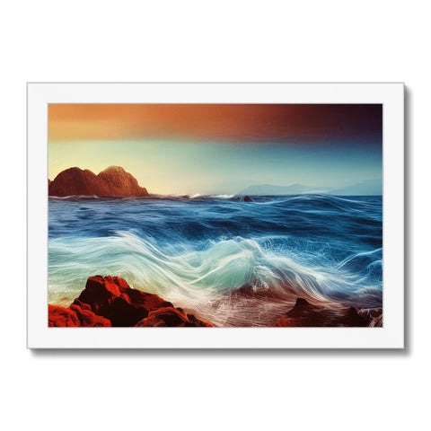 Art print of large blue ocean wave that is running along the shore.