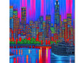 A colorful skyline and an art print of city lights on a display on a table with
