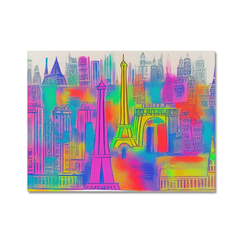 A canvas with a colorful wall mural with an image of a Parisian skyline and a