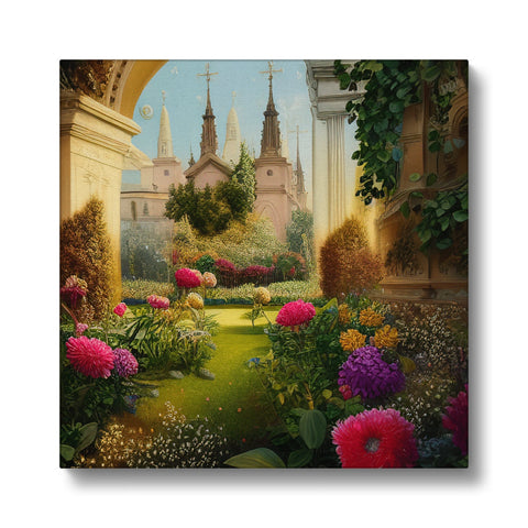 A garden painting with flowers and green grass sitting in a frame.