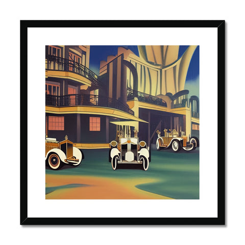 An art print hanging in a hallway decorated with cars and a flying machine.