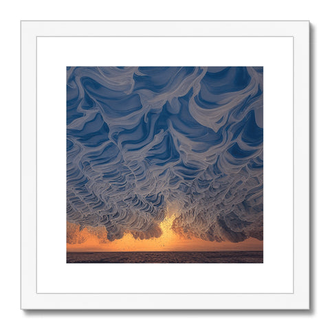 Art print of some rain, some white clouds and a wave on the ocean.