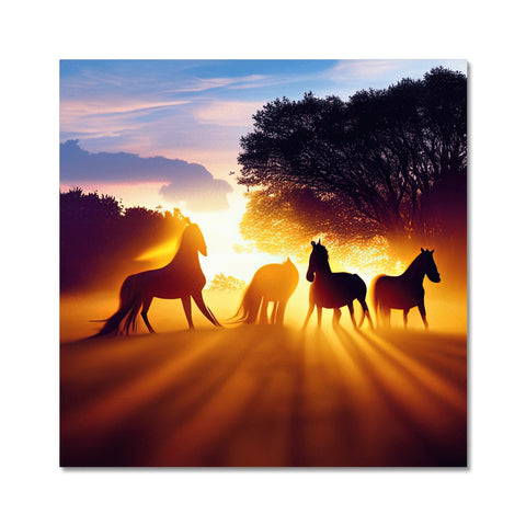 Horses trot across a grassy desert field in front of the sun.